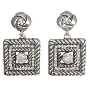 Square Silver Tone Vintage Style Rhinestone Post Drop Earrings
